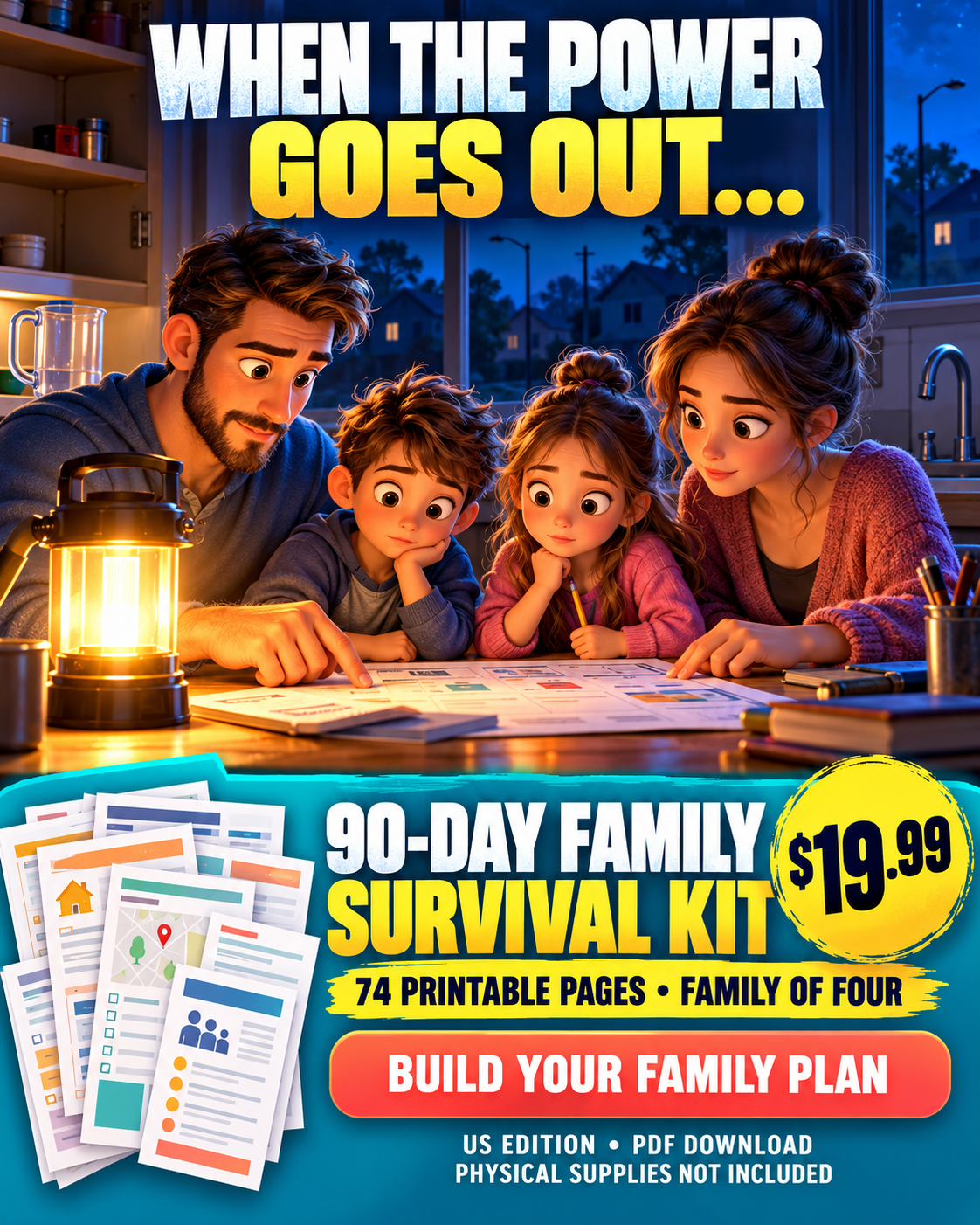 Animated-style family preparedness advertisement: $19.99 for the 74-page printable PDF bundle. US edition; no physical supplies.