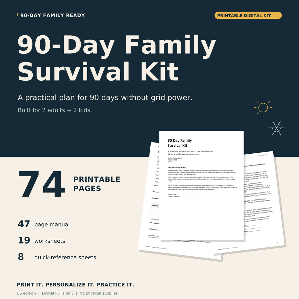 74-page printable digital family survival kit: 47-page manual, 19 worksheets and eight quick-reference sheets. No physical supplies.