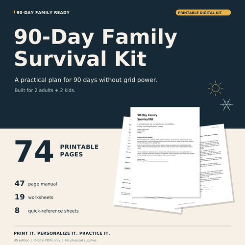 74-page printable digital family survival kit: 47-page manual, 19 worksheets and eight quick-reference sheets. No physical supplies.