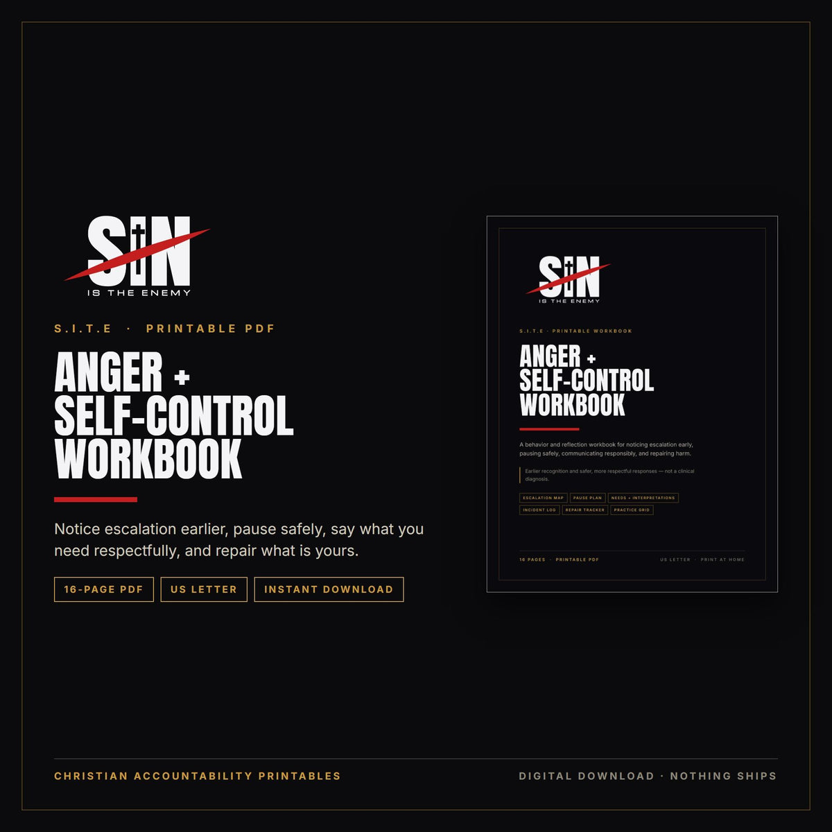 Anger and Self-Control Workbook Printable | Christian Men Escalation Map, Pause Plan, Incident Log, Repair Tracker | PDF Download