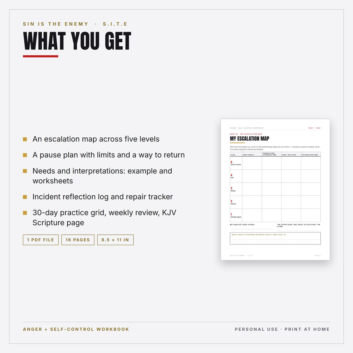 Anger and Self-Control Workbook Printable | Christian Men Escalation Map, Pause Plan, Incident Log, Repair Tracker | PDF Download